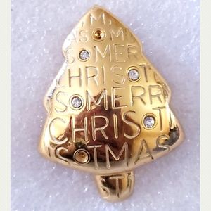 Vintage Unsigned Gold Tone Merry Christmas Tree Rhinestone Pin